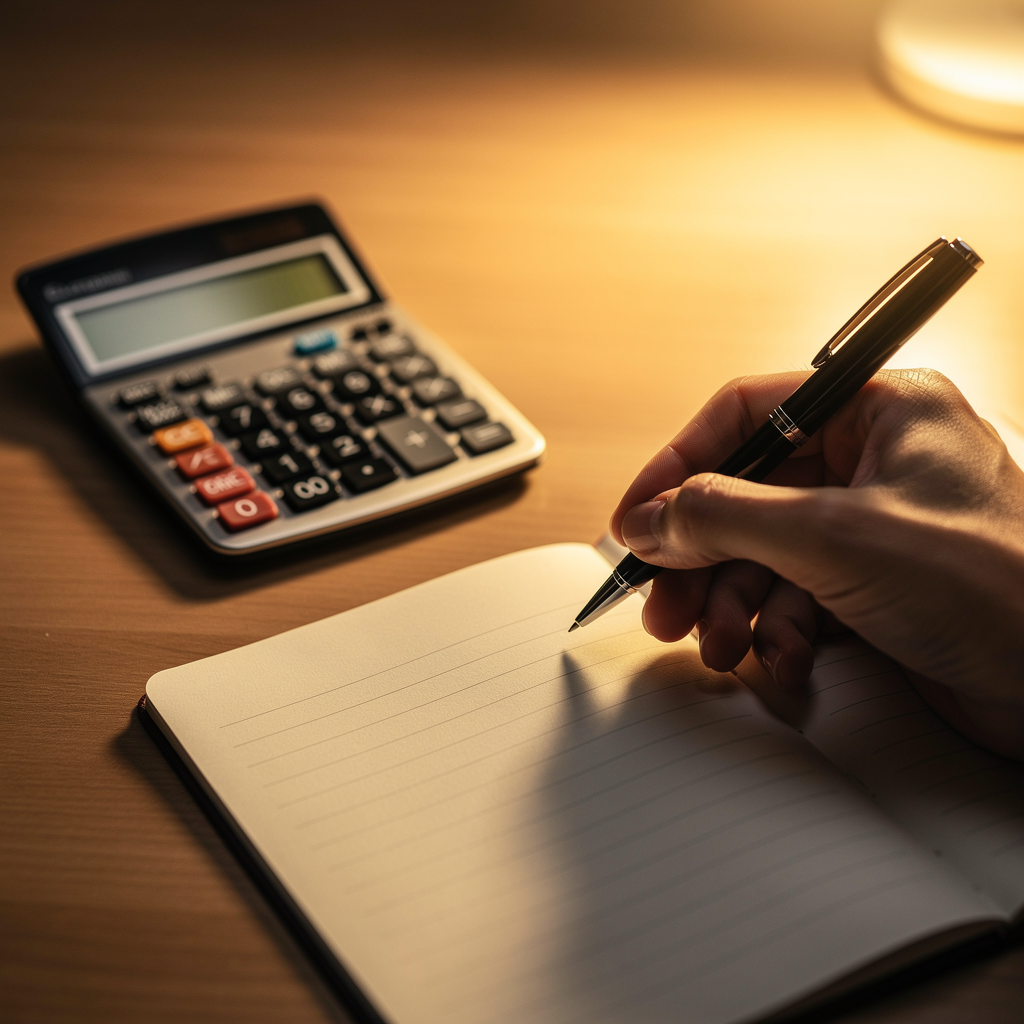 A financial calculator is on the table  in a cinematic scene. There is the right hand of a person with a pen  seen in the image  that is about to write on a notebook. The mood is calm with a glowing w