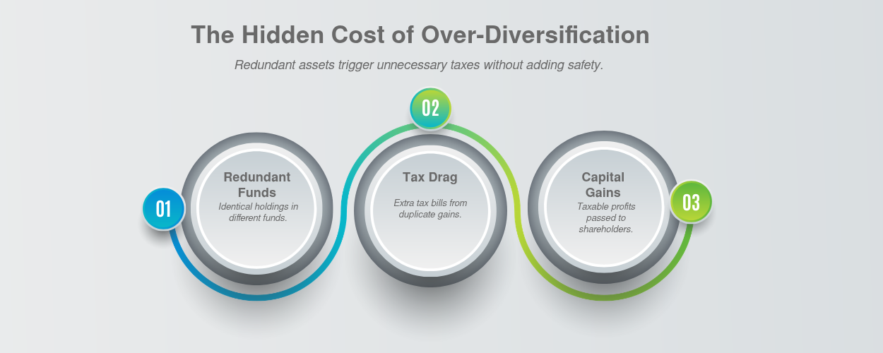 Infographic: The Hidden Cost of Over-Diversification: How Redundant Assets Create Tax DragHonestly? Most people I