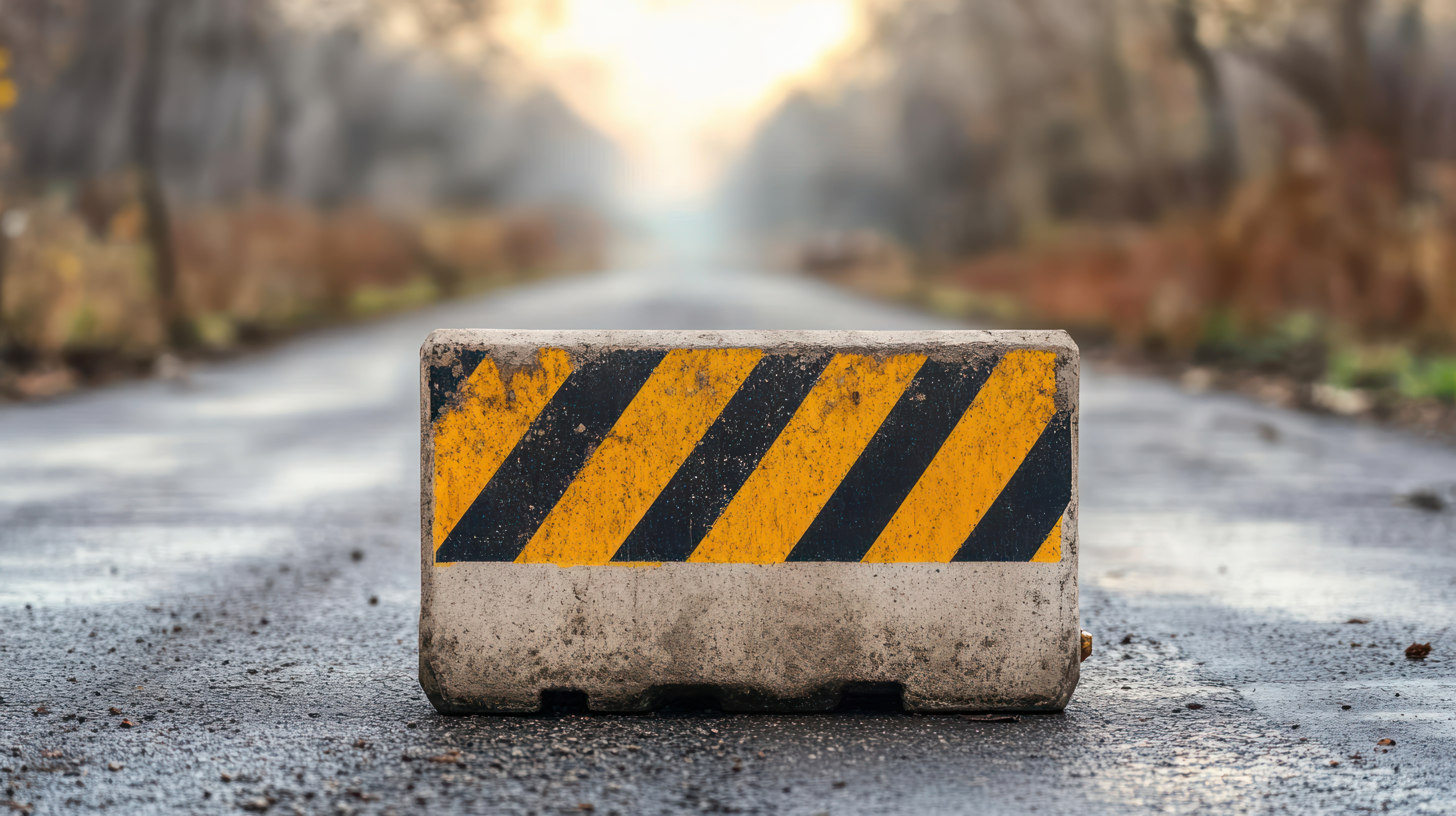 concrete-barrier-with-yellow-stripes-blocking-road-natural-setting